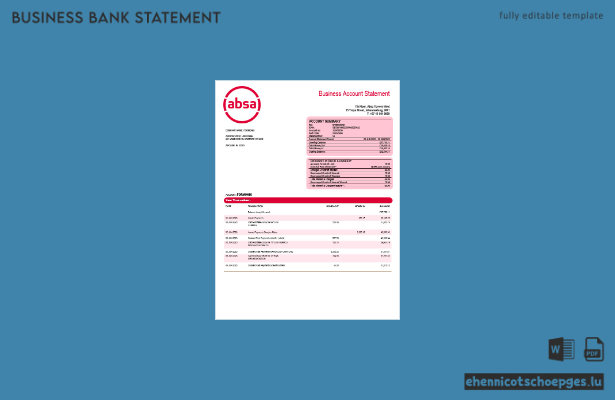 Absa Bank Firmenkontoauszug (Word- und PDF-Beispiel)